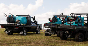 Different Rapid Spray weed spraying units mounted on a ute and UTV for agricultural and vegetation management applications in Australia.