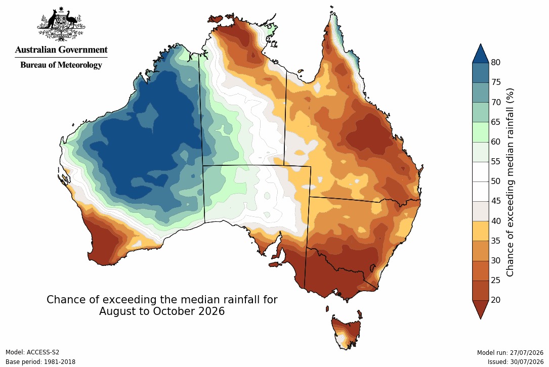 Bureau of Meteorology long-range rainfall forecast map for Australia