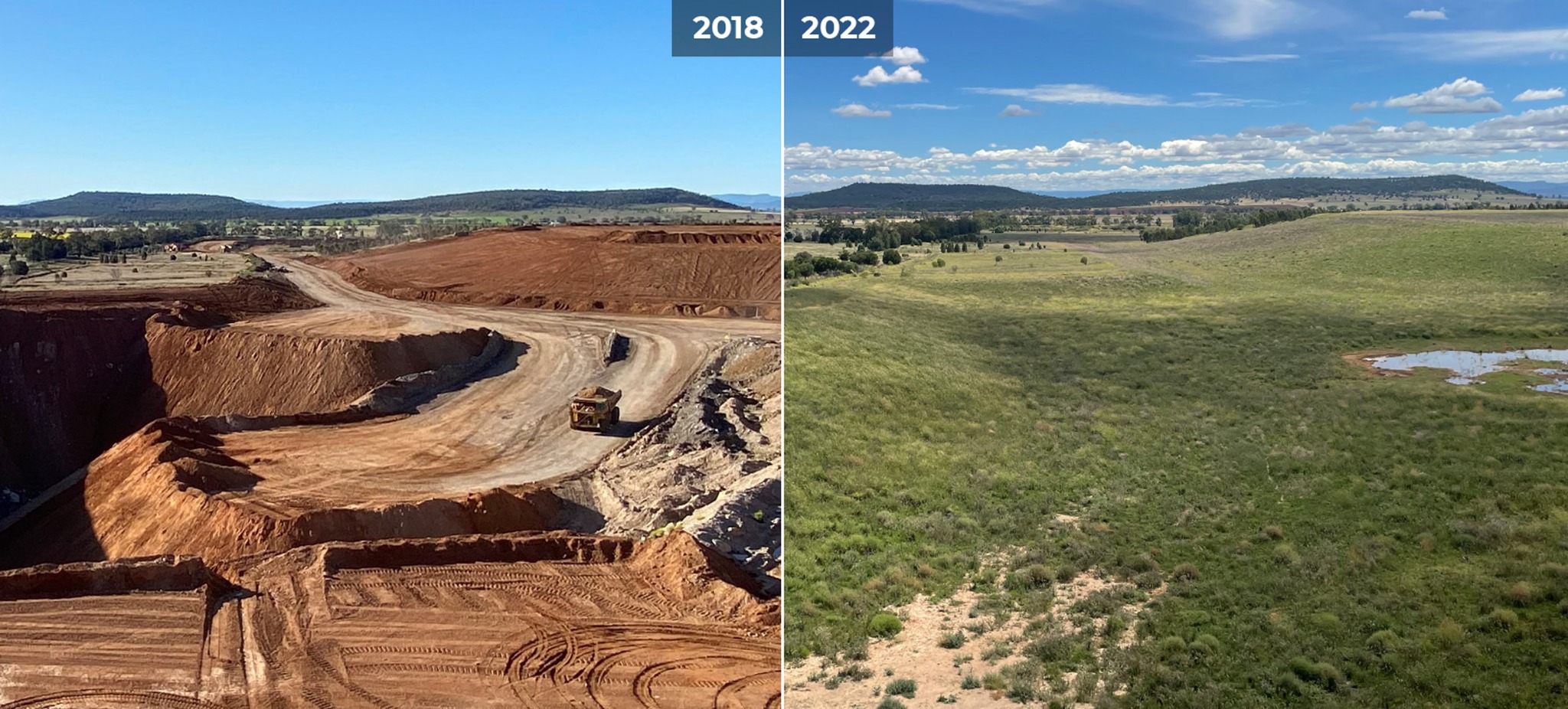 Before and after mine rehabilitation: disturbed land restored to vegetation cover