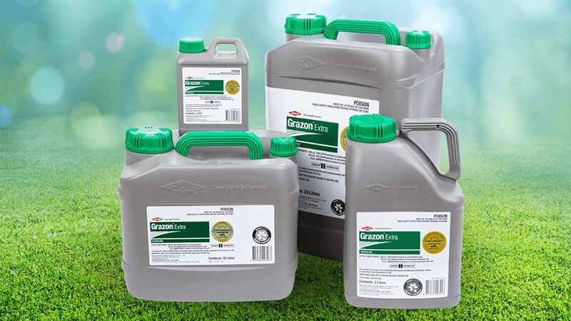 Grazon Extra weed control products displayed in multiple container sizes for agricultural use