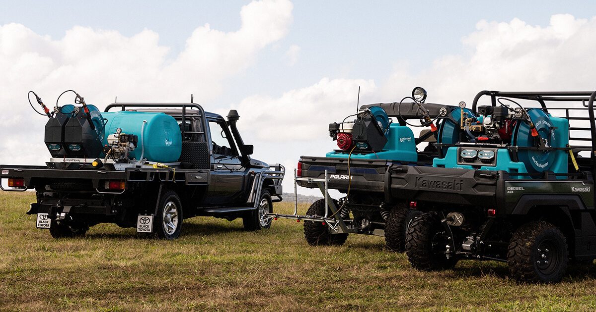 Different Rapid Spray weed spraying units mounted on a ute and UTV for agricultural and vegetation management applications in Australia.